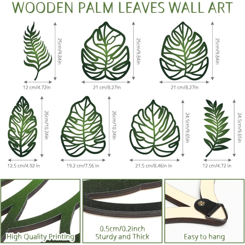 7pcs DIY Wooden Palm Leaves Wall Art Vintage Green Leaf Plant Decor Hanging Accents for Home Bathroom Office
