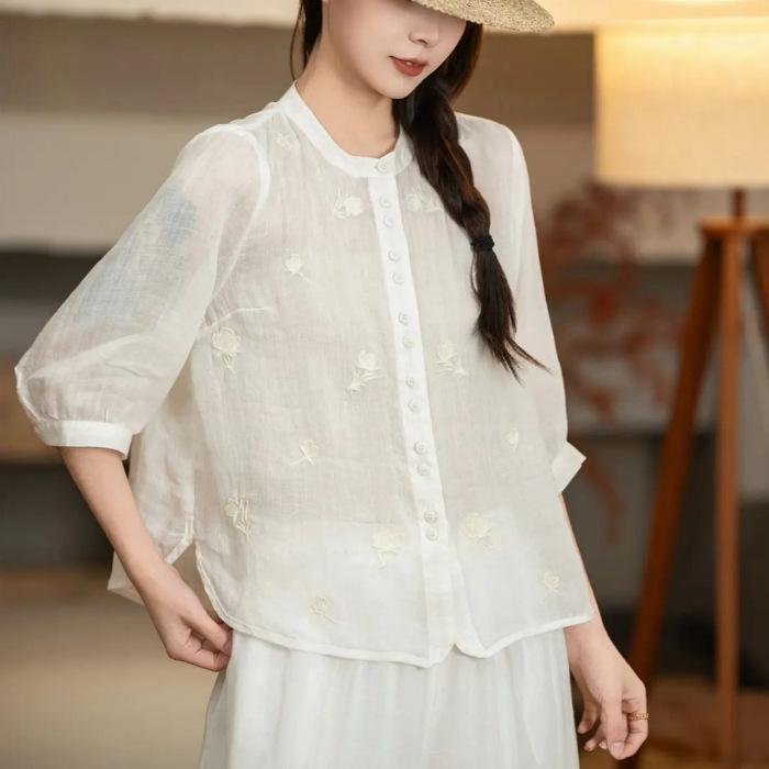 Retro Cotton and Linen Embroidered Shirt Women's Summer Western Style Thin Linen Small Shirt Three-quarter Sleeve Top