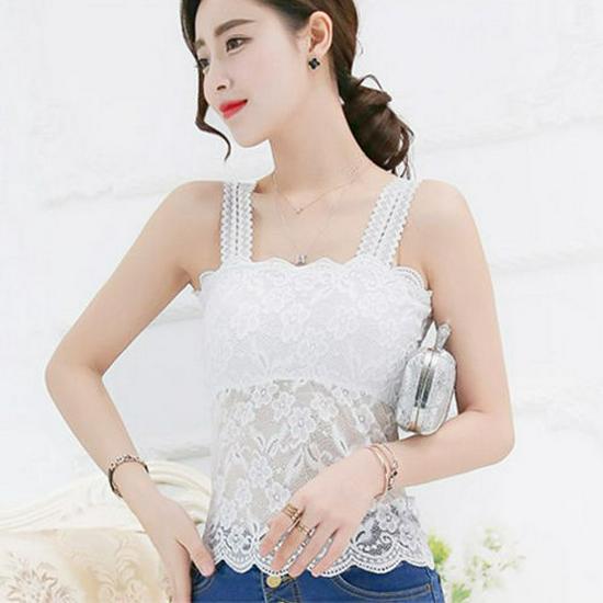 Lace Trim Underwear Camisole with Chest Pads - Women's Versatile Anti-Exposure Long Bra