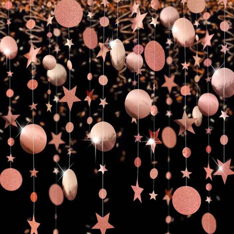 4M Champagne Gold Glitter Star Round Paper Garland Birthday Wedding Bachelorette Party Decorations Anniversary Backdrop Decor
