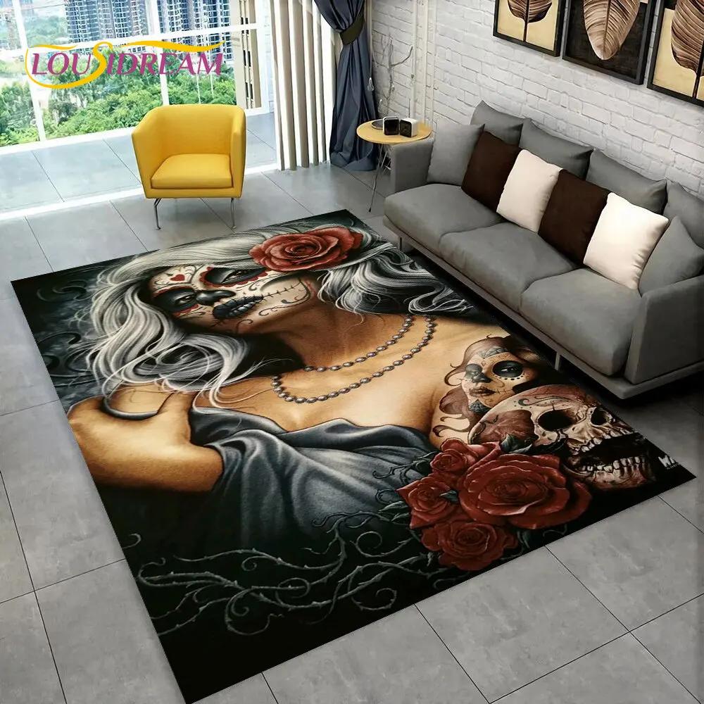 3D Gothic Horror Female Skull Dead Girl Area Rug,Carpet Rug for Home Living Room Bedroom Sofa Doormat Decor,Non-slip Floor Mat
