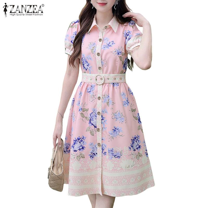 ZANZEA Women Turn Down Collar Summer Short Sleeve Casual Print Dress