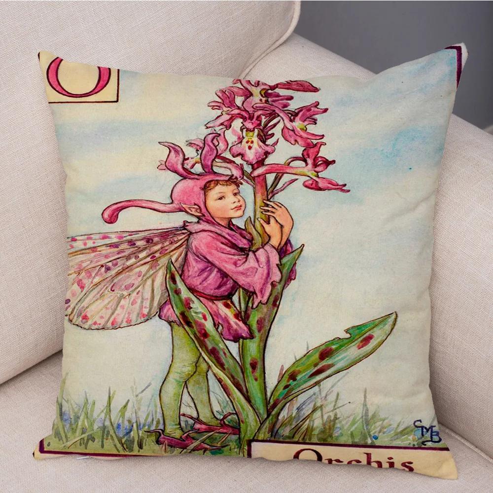 Vintage Floral Girl Pillowcase Decor Cute Cartoon Flower Elf Fairy Tale for Sofa Home Pillow Case Soft Plush Cushion Cover
