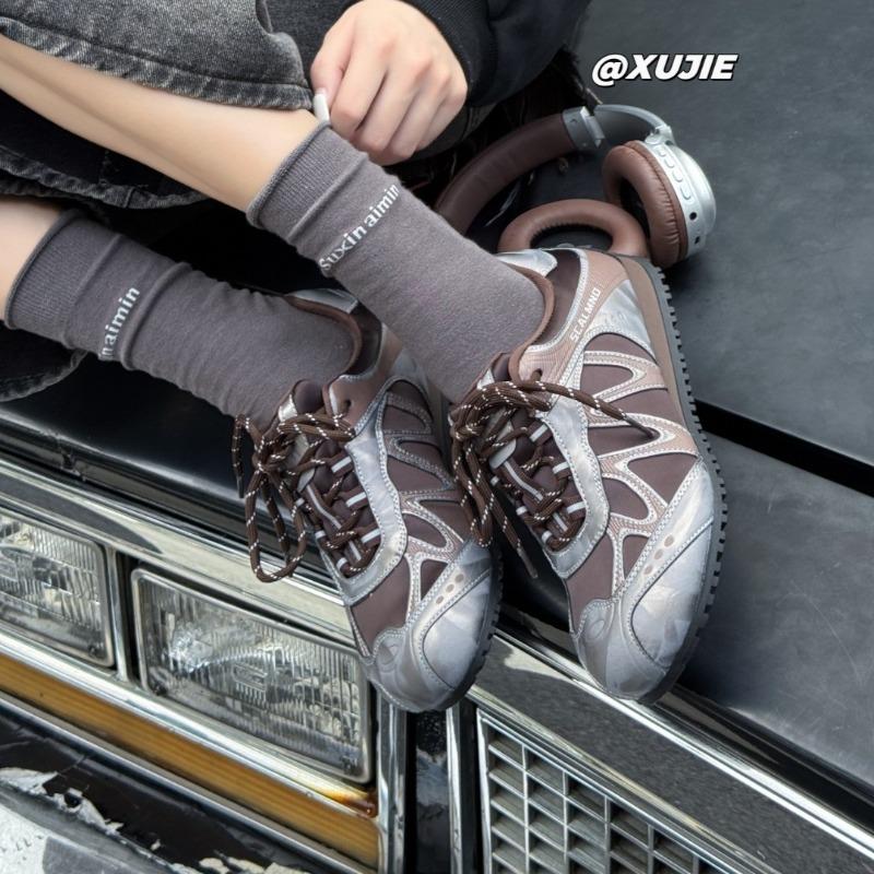 Leather Mesh Women's Autumn New Round Head Thick Sole Elastic Band Color Matching Breathable Casual Sports Shoes