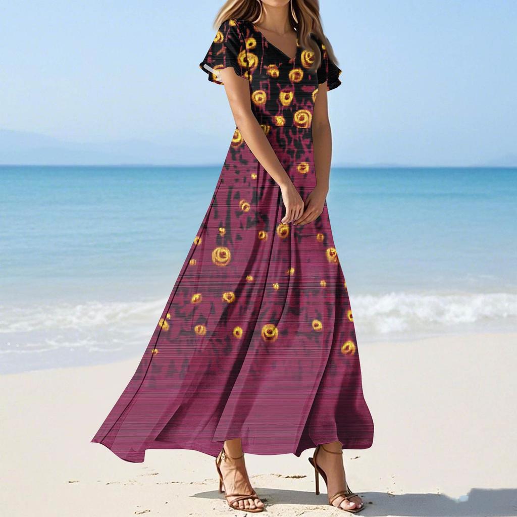 Women's Casual Fashion Print Long Dresses V-Neck Short Sleeve Dresses