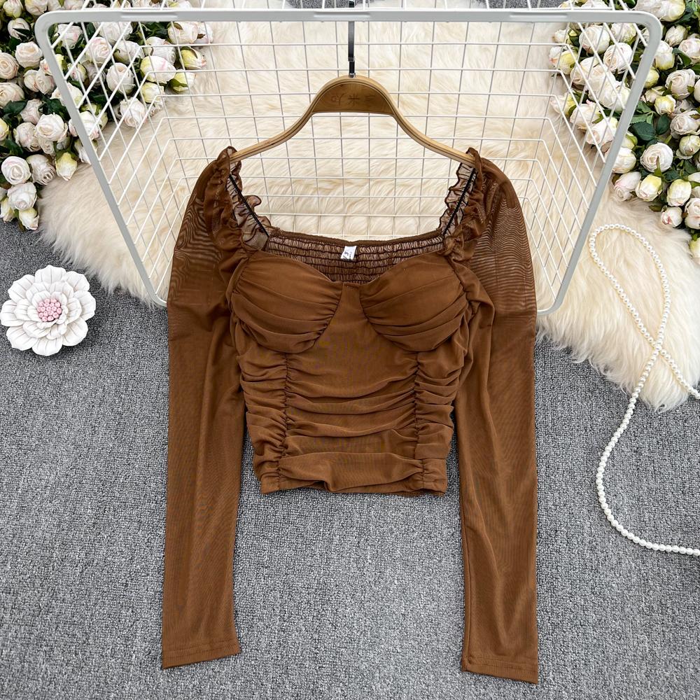 

Осенний новый французский стиль, квадратный воротник, открытая ключица, пузырь, плиссированный сетчатый короткий топ с длинными рукавами