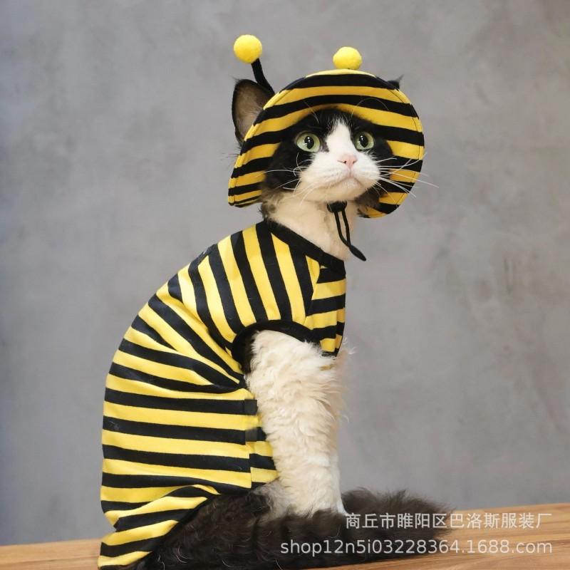 Cute Bee-Themed Cat Costume Set With Hat Striped Pet Clothing Hairless Cats Lightweight