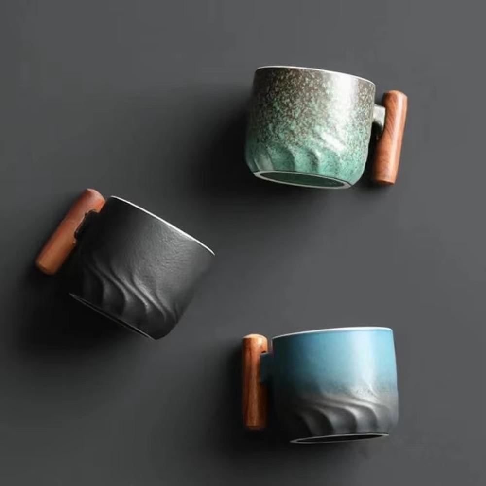 6pcs Set Ceramic Retro Espresso Coffee Cup With Wooden Handle Office Water Cup Tea Mug Ceramic Coffee Mug Handmade Tea Gift Box