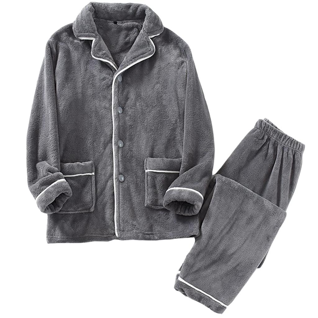 Wechose Flannel Pajama Loose Brushed Fleece Long with Collar and Soft and Comfortable for Fall and Light Gray Men's Set, Loungewear, Fit, Double-Sided