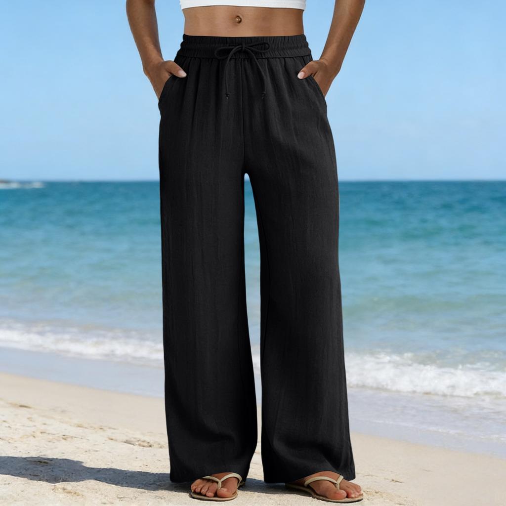 Wide Leg Pants For Women Flowy Drawstring Elastic Waist Trousers With Pockets Summer Beach Vacation Clothes