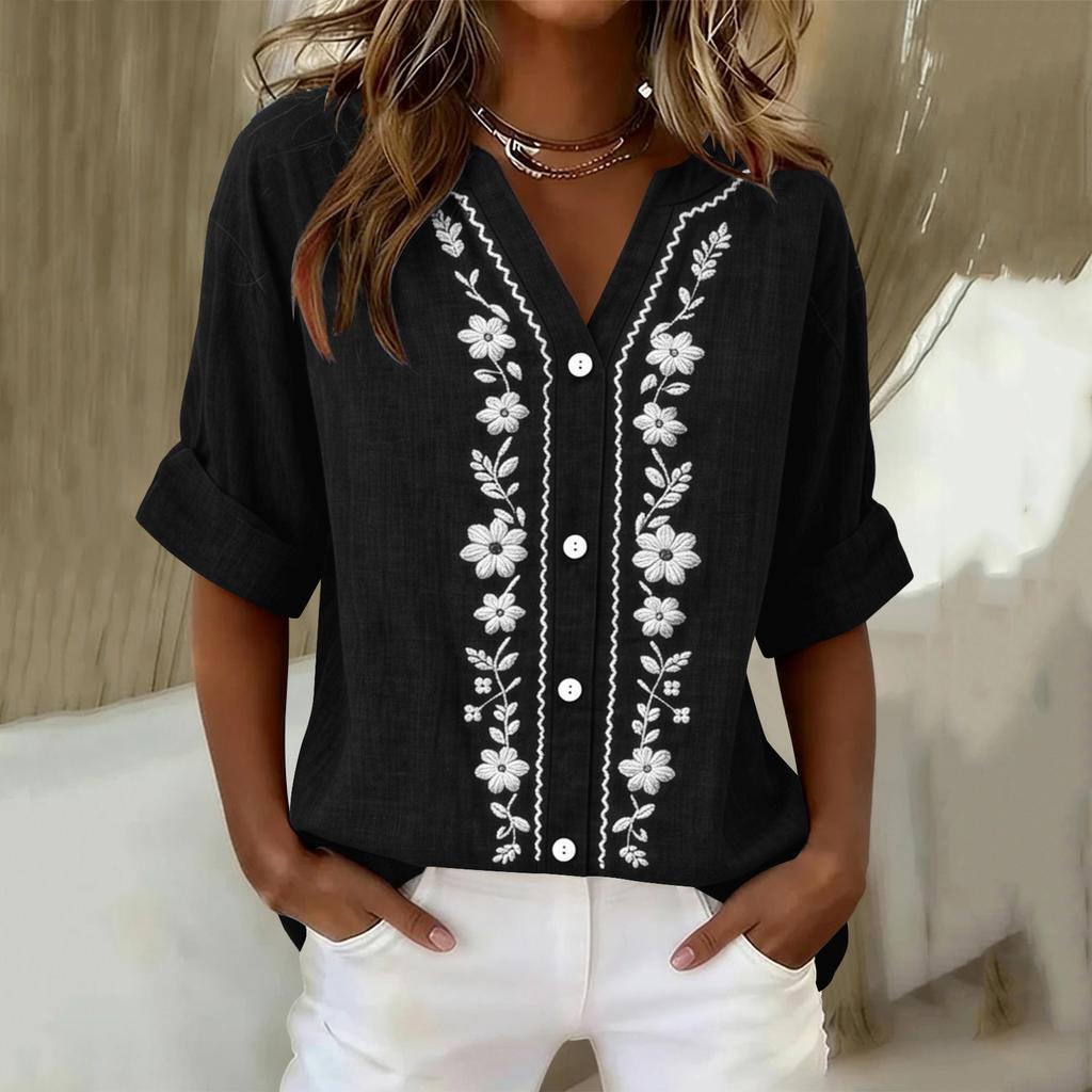 Women's Long Sleeve Button Down Blouse - Color Round Neck with Embroidery, Casual and Daily Wear Top for Women