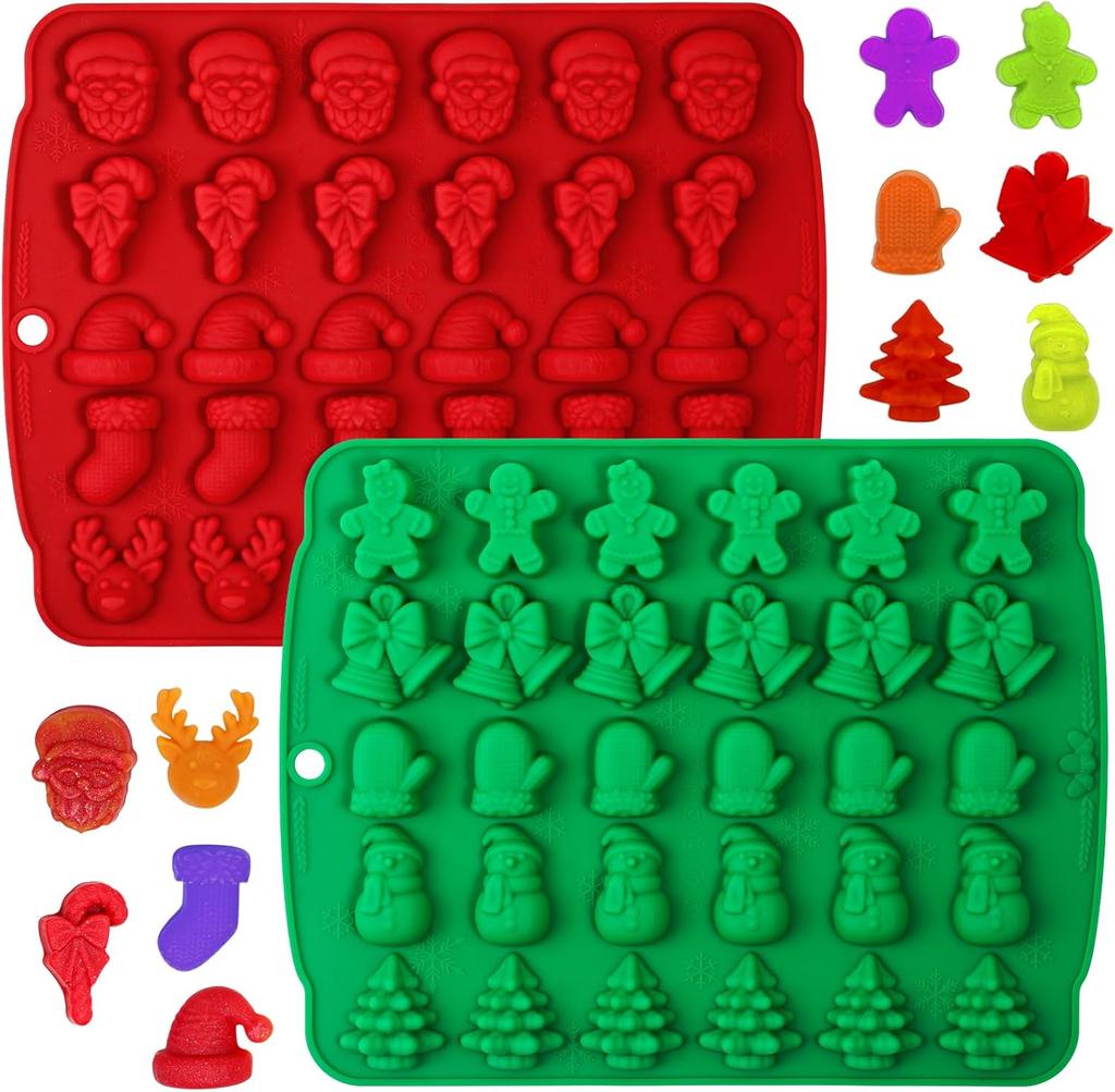 Christmas Candy Molds, 2 Pcs 30 Cavity Christmas Gummy Molds, Silicone Christmas Chocolate Molds, Red & Green