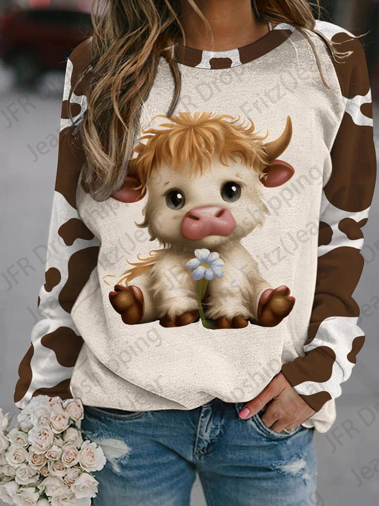 Damen T-Shirt 3D Cartoon Tier Kuh Print Sweatshirt Casual Oansatz Hoodie Mode Frauen Sweats Frühling Herbst Mantel Sudaderas Femme