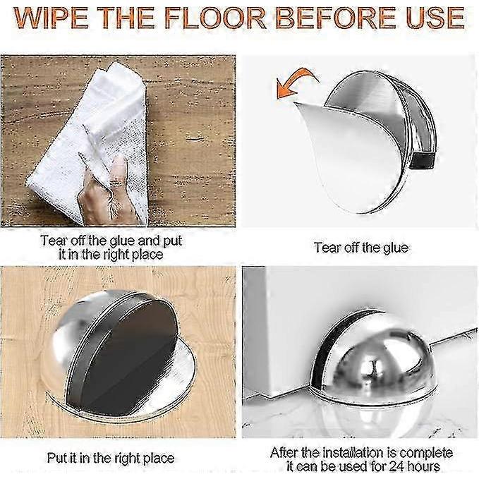 Set of 4 Door Stops, Stainless Steel Door Stops and Stoppers with Rubber Bumpers, Door Stops To Protect Doors, Walls and Furniture (Silver) - RIpj