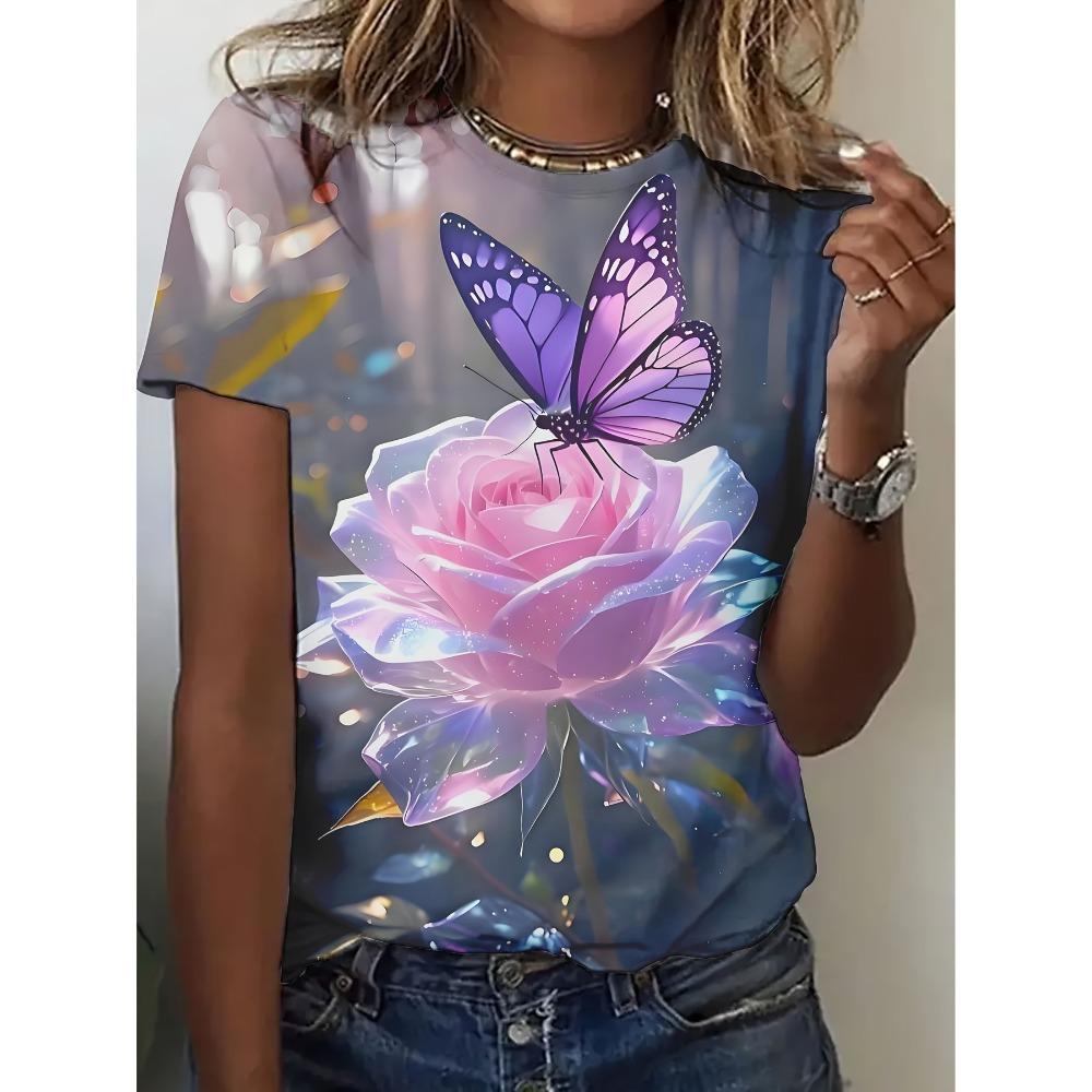 

Pink roses and purple butterflies, digital print short sleeves for women XXS
