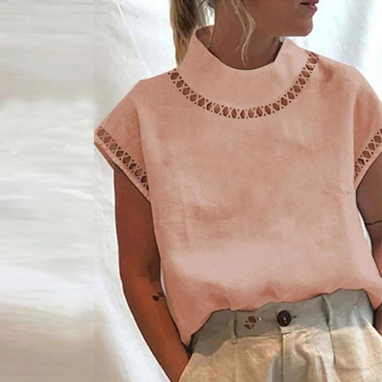 Breathable Cotton Linen Blouse for Women Casual Hollow Top Stand Collar Lace Patchwork Solid Color Shirt
