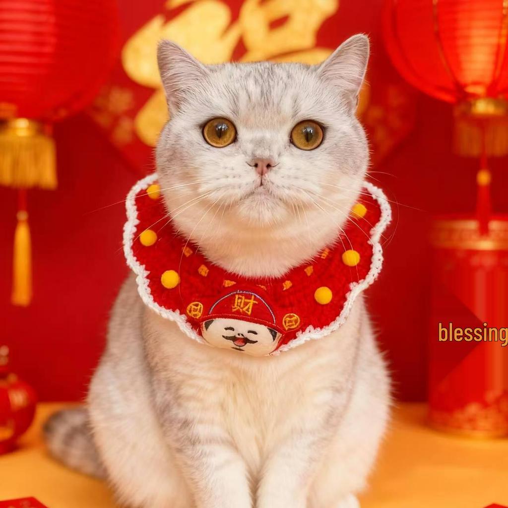 New Year Red Knitted Scarf for Cats and Dogs - Warm Wool Bib for Spring Festival