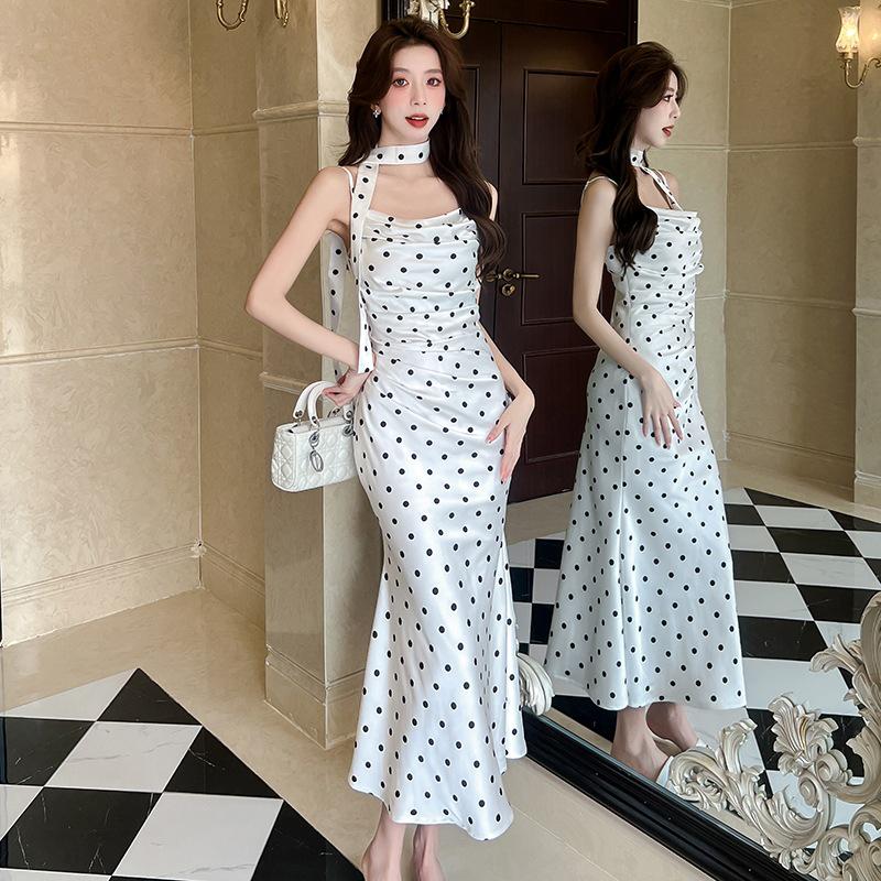 White Polka Dot Bodycon Spaghetti Strap Dress for Women - Summer French Style M