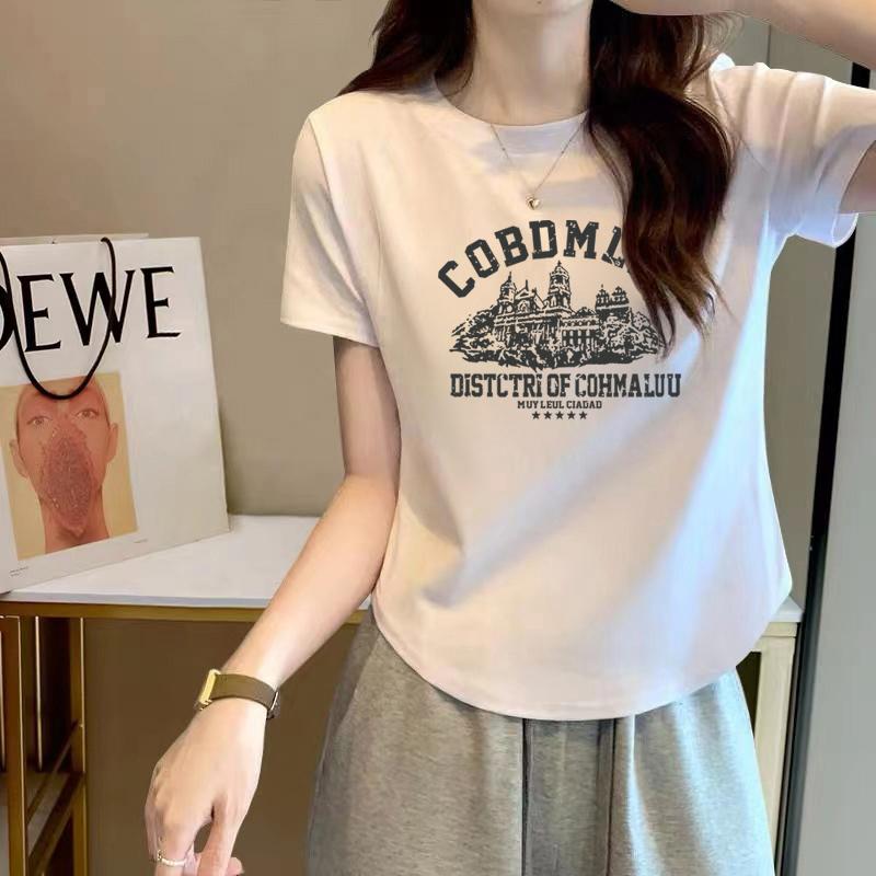 

White 2025 summer design hem irregular short-sleeved t-shirt women s shoulder t-shirt slim cotton top M