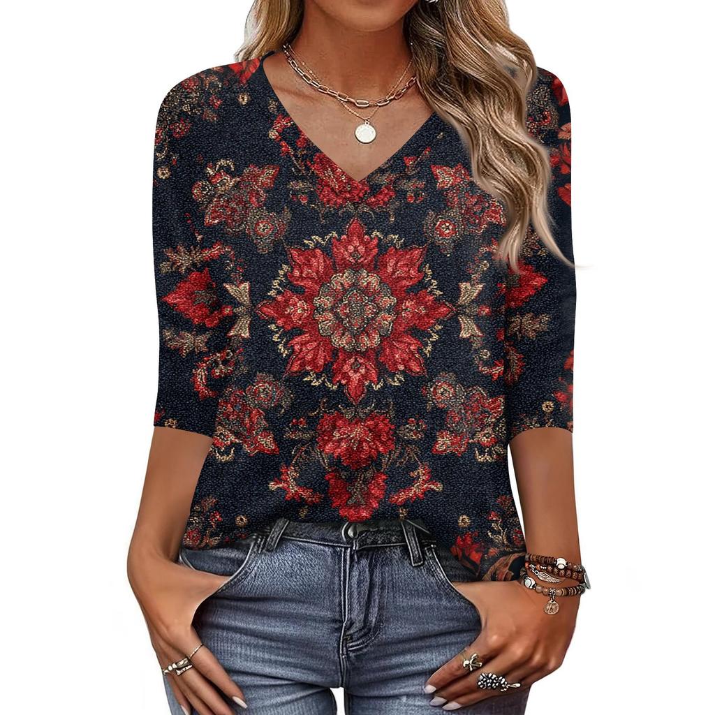 Tricou de damă cu imprimeu, mânecă 3/4, pentru zi de zi, weekend, modă, de bază, cu gât în V, top normal