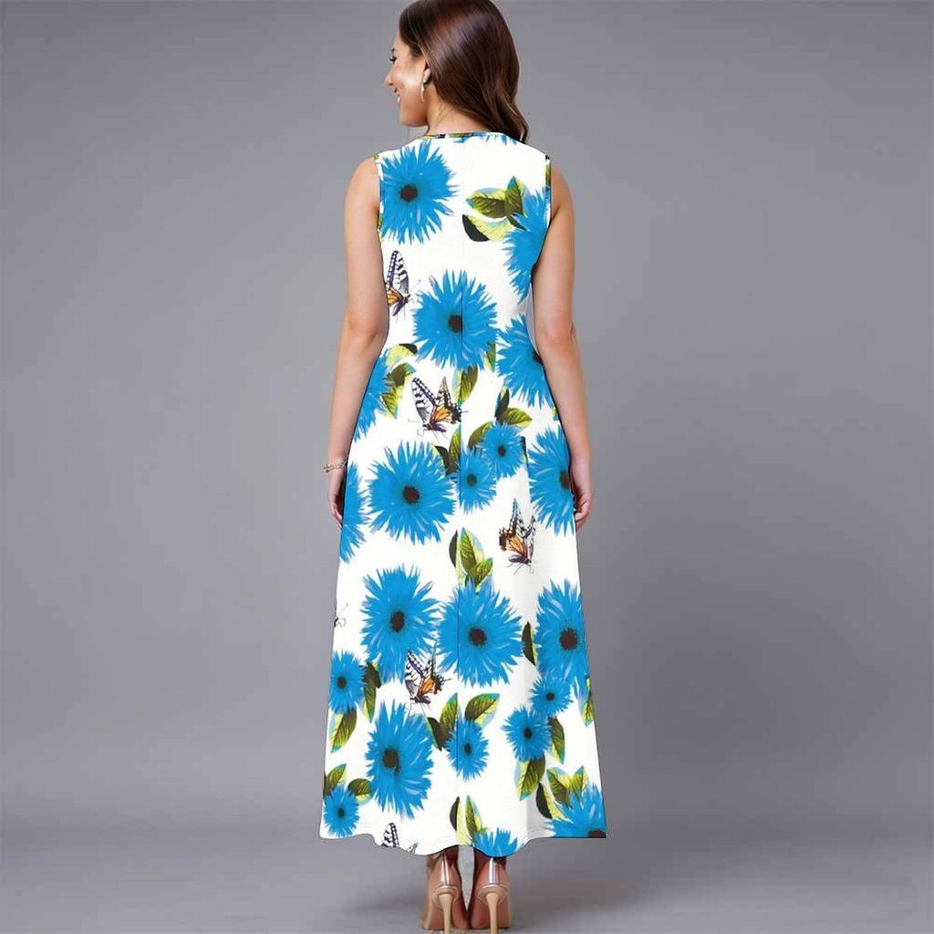 Women Oversized Sleeveless Round Neck Dress Bright Floral Printed Loose Mid Calf Gown