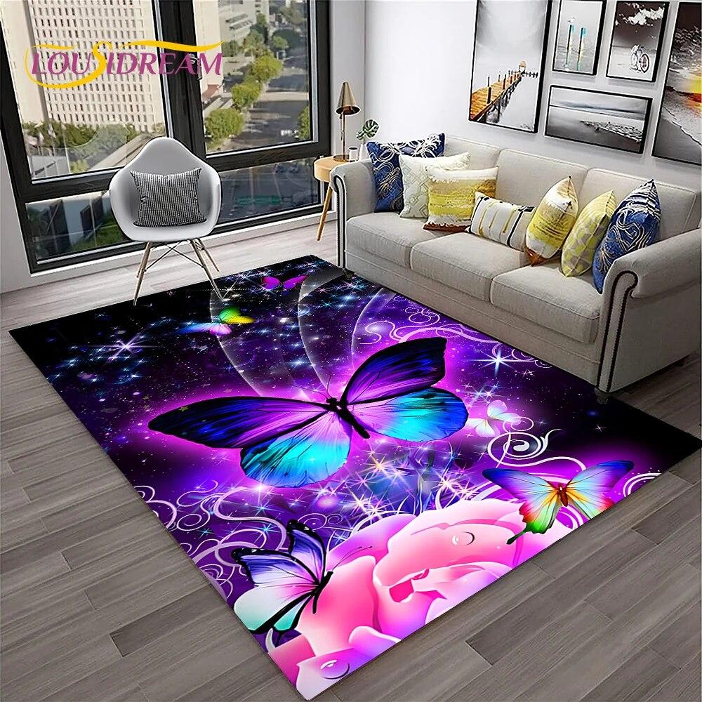 3D Luxury Dream Butterfly Flower Carpet Rug for Home Living Room Bedroom Sofa Doormat Decor,Kid Play Area Rug Non-slip Floor Mat
