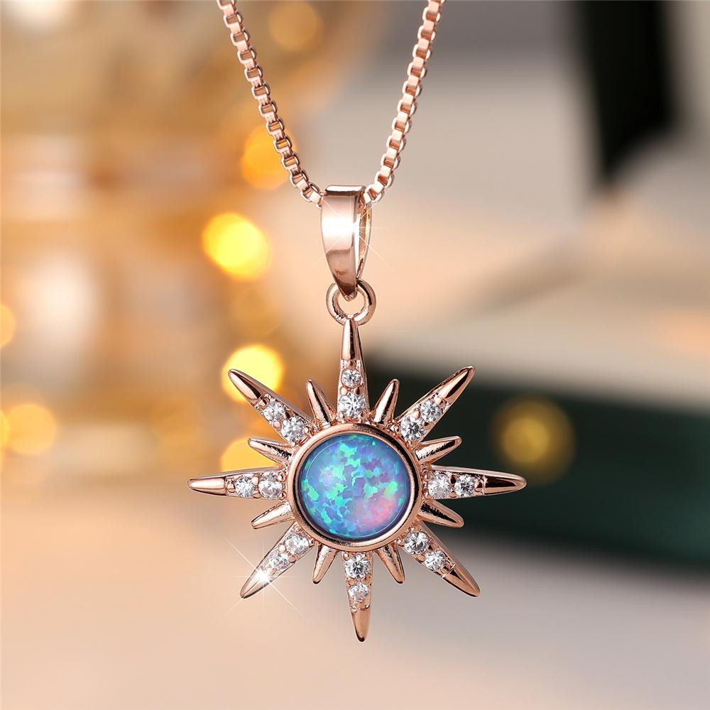 Luxus Damen Blauer Opal Zirkon Stein Sonnenblumen Anhänger Halskette Vintage Silber Roségold Farbe Hochzeit Für Frauen