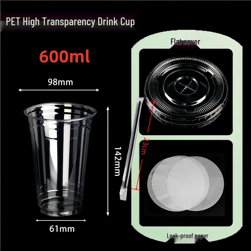 PET Disposable Milk Tea Cup with Lid & Straw - 98mm Caliber, Thickened Plastic for Fruit Tea or Coffee Takeaway