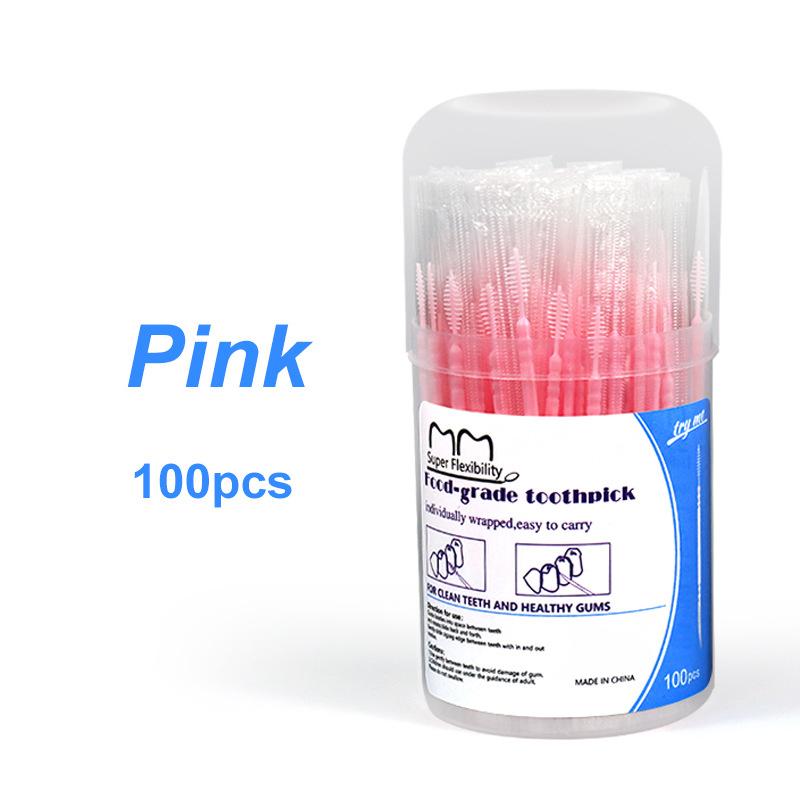 

100Pcs/Box Independent Packaging Toothpick Double-Ended Interdental Brush Disposable Plastic Brush Oral Cleaning Caring Tool розовый