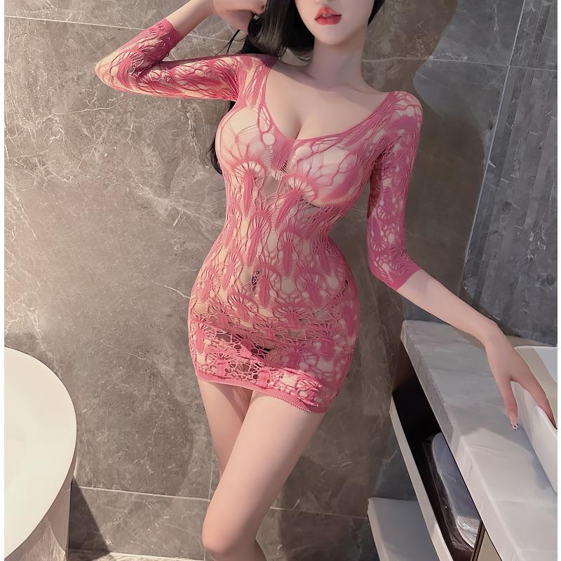 Sexy perspective plus size short skirt with hollow out sleeves  jacquard pattern pure desire wind beach temptation net clothes