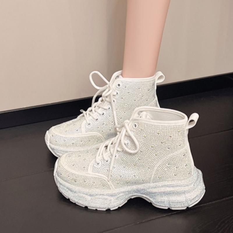 

Fashion Sneakers Autumn New Round Toe Lace-Up Front Platform Non-Slip Wear-Resistant Rhinestone Single Shoes 35 белый