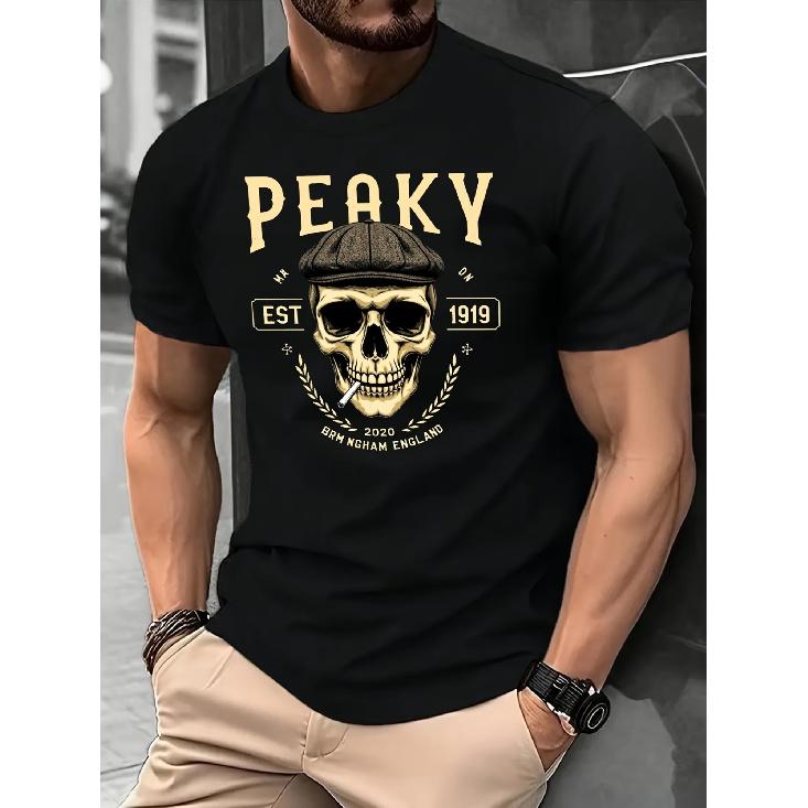Men S Retro Graphic T-Shirt from PEAKY 1919 - Comfortable Tee with Stretchy Knit Material - Lightweight Black Casual Shirt S чёрный