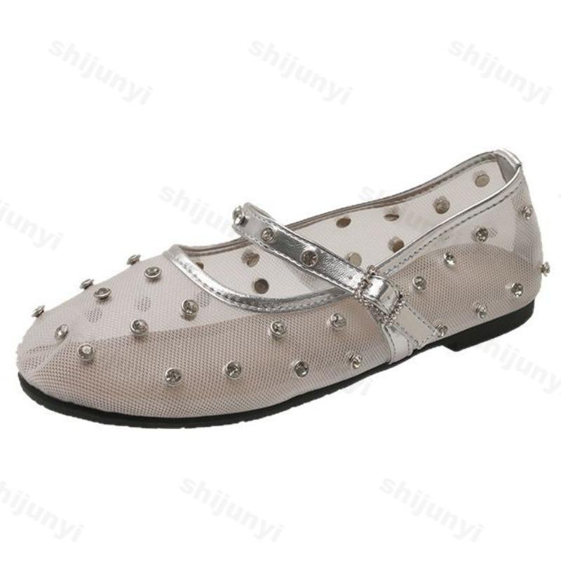Fashion Summer Women's Flat Shoes Fashion Round Toe Rhinestone Mary Jane Ballet Breathable Elegant 2025 Comfortable Shoes Zapatos Mujer