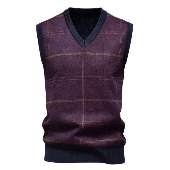 Men Knitting Vest V-Neck Sleeveless Plaid Print Sweater Vest Autumn Winter