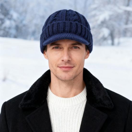 Short Brim Knitted Hat for Men Winter Warm Fleece Lined Thick Cable Knit Cuff Hat Soft Slouchy Skull Cap for Outdoors