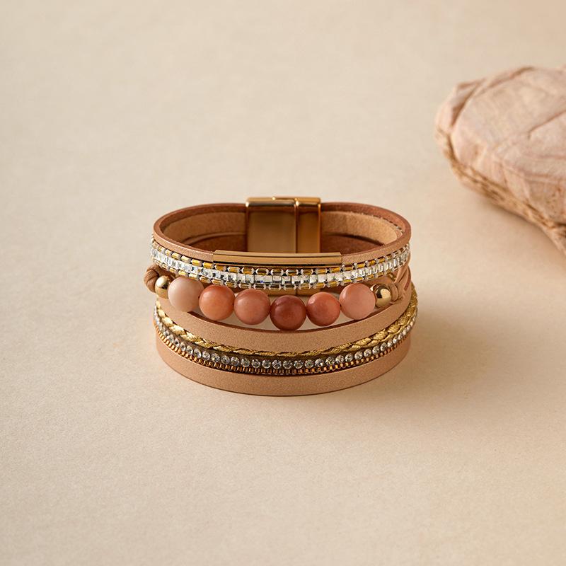 Bohemian Retro Multilayer Women Glass Drill Leather Magnetic Buckle Bracelet