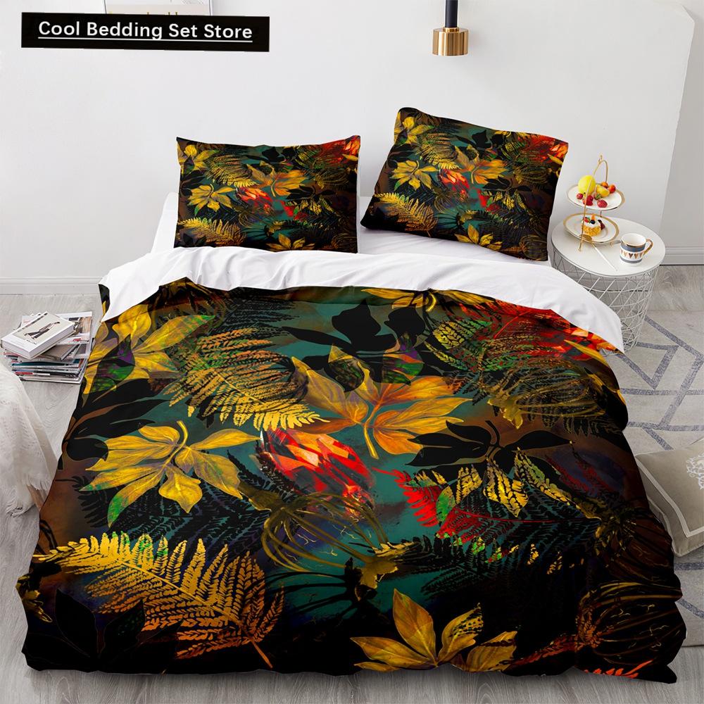 Tropical Plants Floral King Queen Duvet Cover Green Palm Leaves Bedding Set Cream-colored Flowers 2/3pcs Polyester Quilt Cover