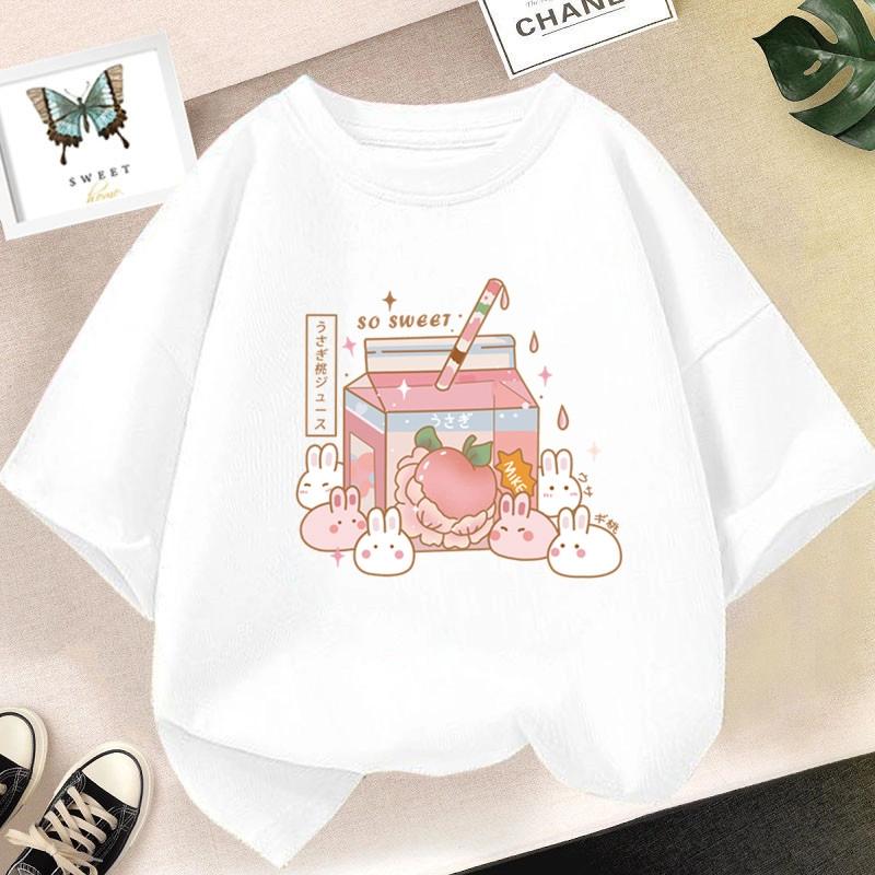Peach Yogurt Printed Teenage Children Colorful T-shirt Girls Casual Loose Cute Fashion Summer Short Sleeve Children Top Clothing