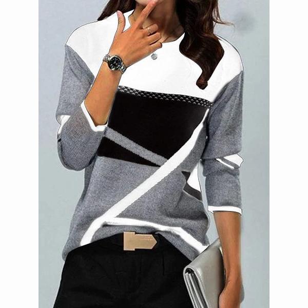 Women's T Shirts Geometric Contrast Print Female Loose Long Sleeve Elegant Harajuku O Neck T Shirts Lady Autumn Winter