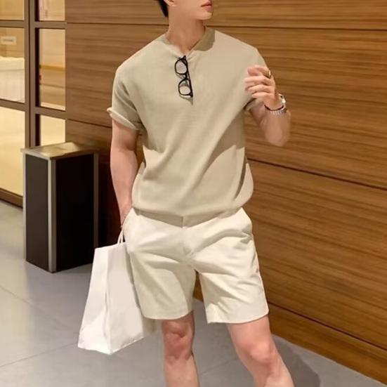 Summer Men T-Shirt Crew Neck Solid Color Short Sleeves Knitted Shirt Breathable Slim Fit Lightweight Basic Tee Casual Business Top