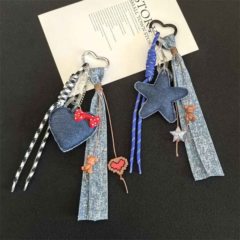 Trendy Denim Heart & Star Lanyard Keychain