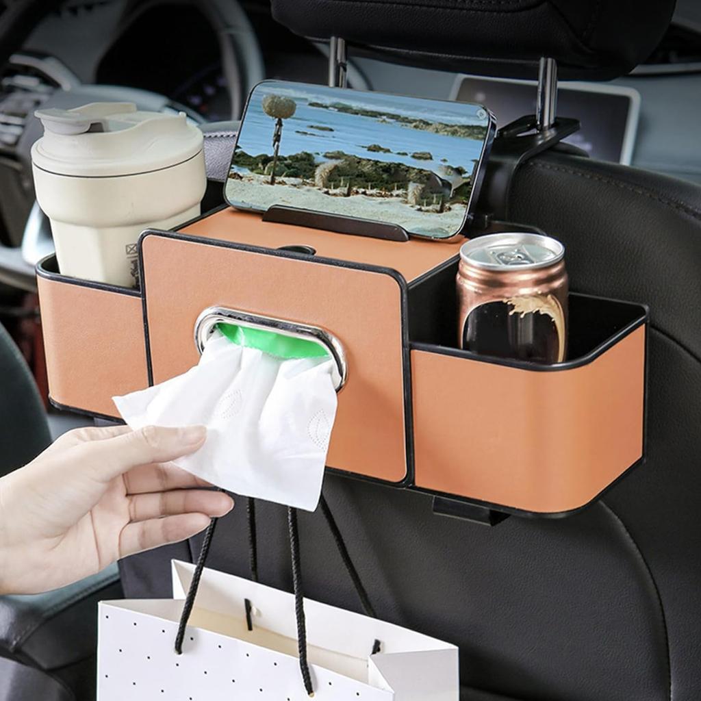 Universal Vehicle Rear Organizer Box With Tissue Box Trash Bin And Builtin Cupholders For Phones Snacks Drinks
