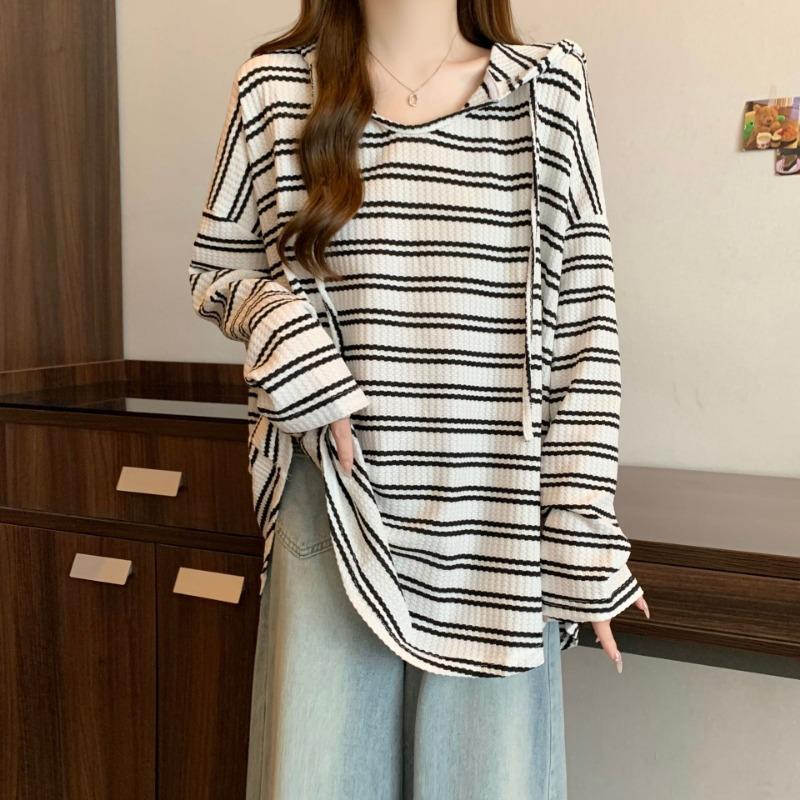 

Весна и Осень Большой Размер Толстый М Свободный и Простой Универсальный Полосатый Худи Пуловер Рубашка с Длинным Рукавом Омолаживающий Топ 3XL белый
