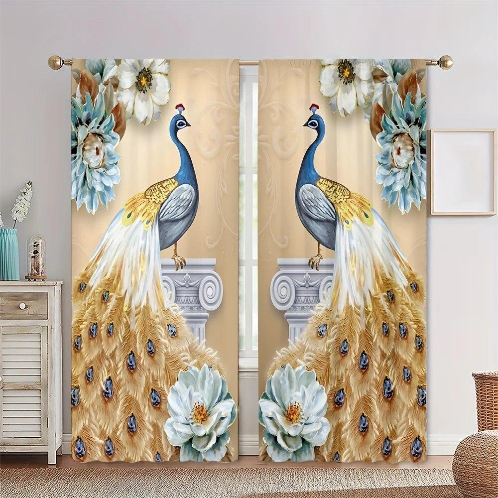 2pcs Elegant Peacock Pattern Curtains Polyester Rod Pocket For Living Room Bedroom Kitchen Study Stunning Background Decor