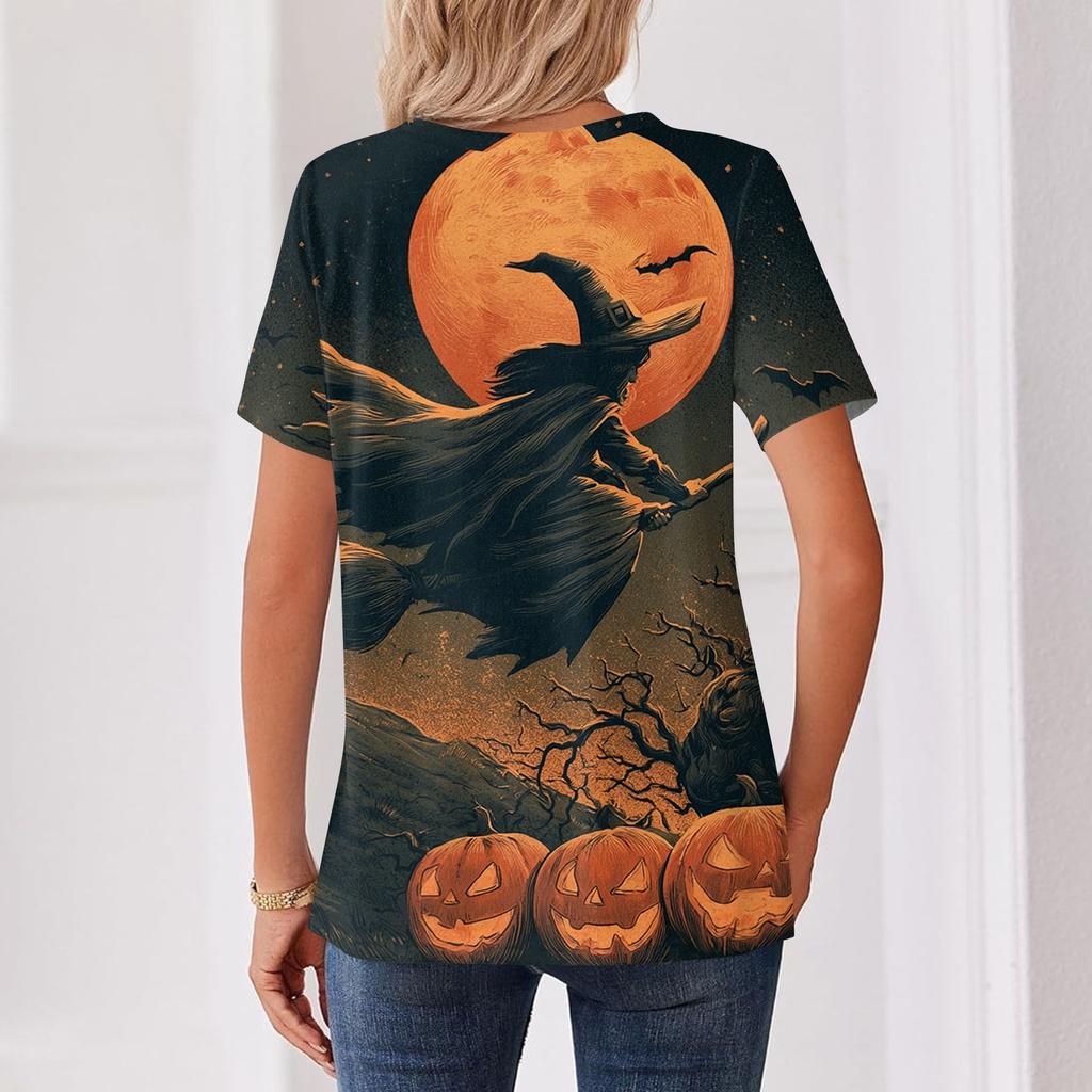 Womens Halloween Print V Neck Short Sleeve Button T Shirt Casual Fashion Top Lightweight Comfortable Fit