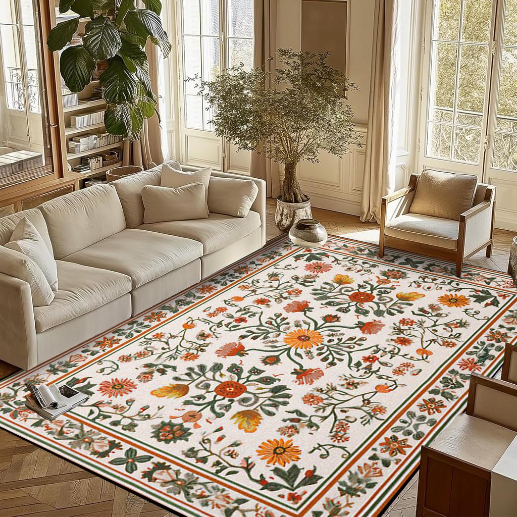 Retro Flower Living Room Carpet Non-slip Machine Washable Soft Floor Mat Nordic Style Plant Rugs Large Size Home Decoration Mats