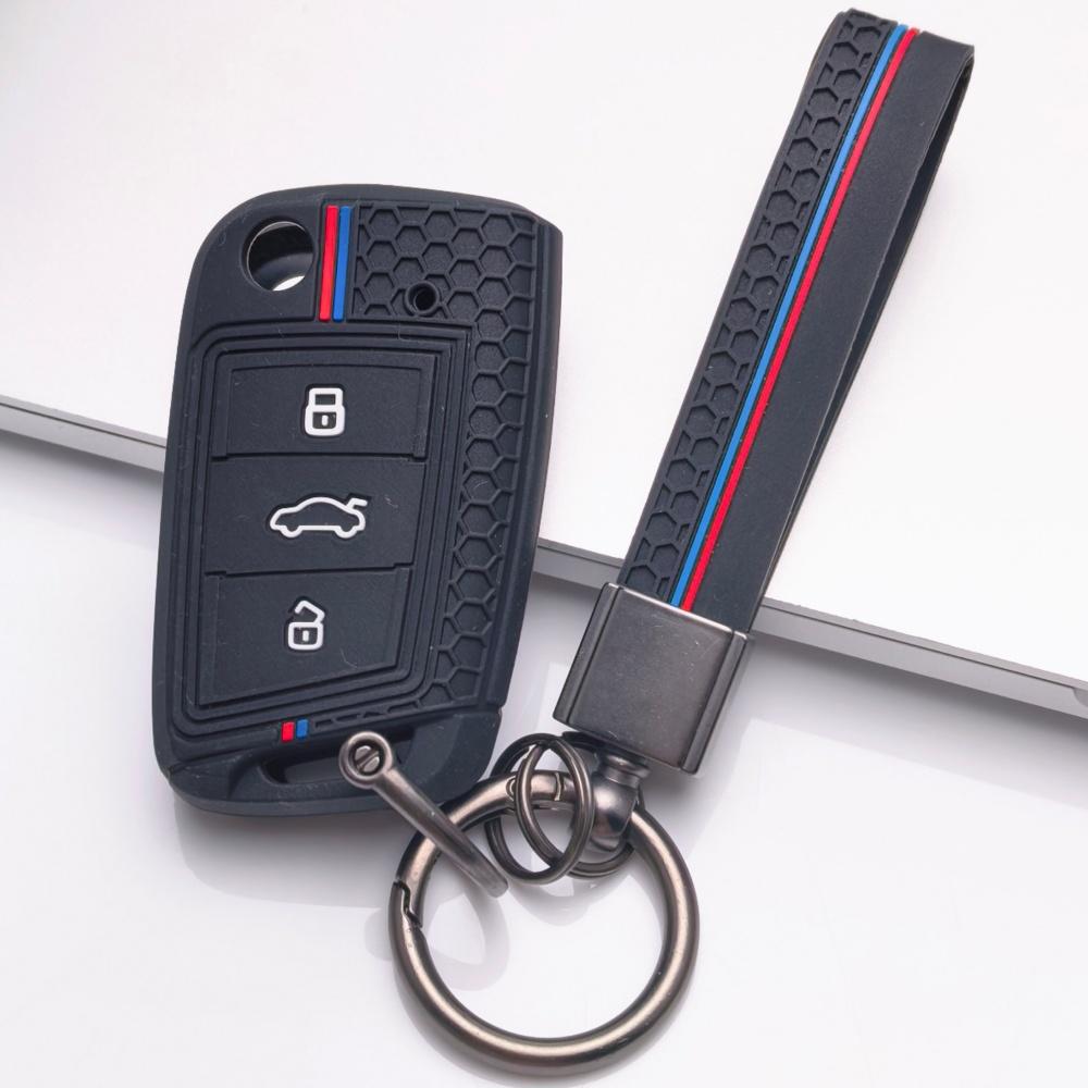 Silicone Car Key Fob Cover with Keychain Fit for Volkswagen VW Golf 7 MK7 Tiguan MK2 Touran L for Skoda, Fits Volkswagen Golf Tiguan Octavia A7