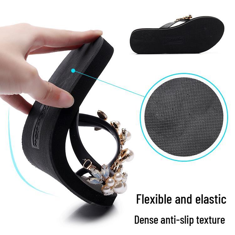 Women's Summer Pearl & Rhinestone Flat Heel Toe Cover Slippers