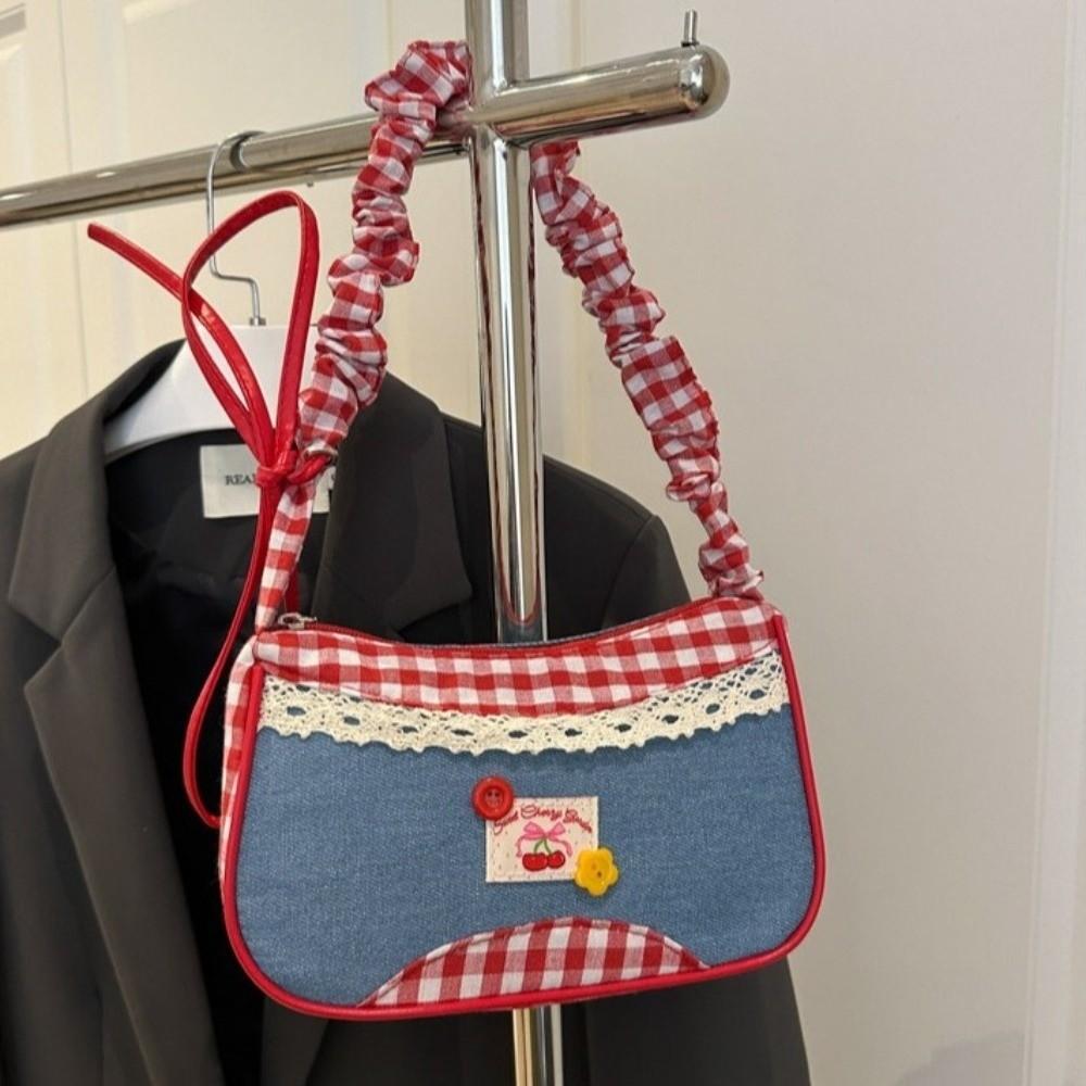 Leisure Lattice Shoulder Bag Rural Style Crossbody Bag Sweet Denim Underarm Bag Travel