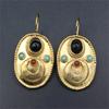Ethnic Gold Color Oval Inlaid Red Blue Black Stone Earrings Vintage Metal Die Cast Pattern Hook Dangle Earrings